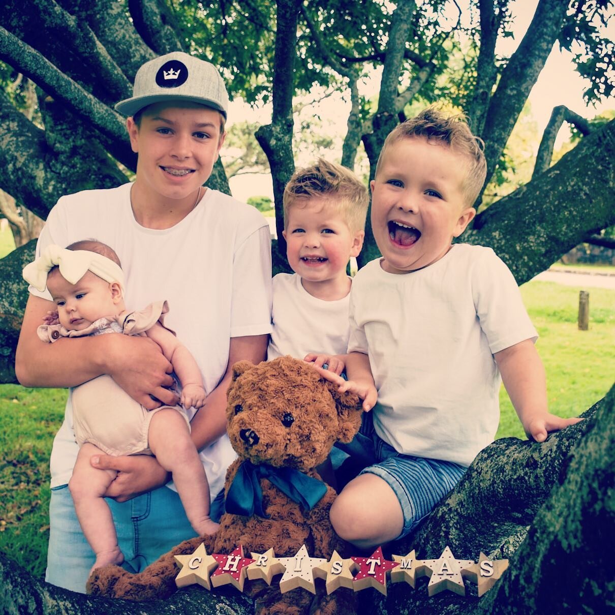 Our Noah bear is in every photo. Taking holiday photos will never feel right. It always feels like someone is missing because someone is missing.

And yet my children deserve tradition &amp; fun &amp; holiday photos. 

So Noah bear hops on the tree w