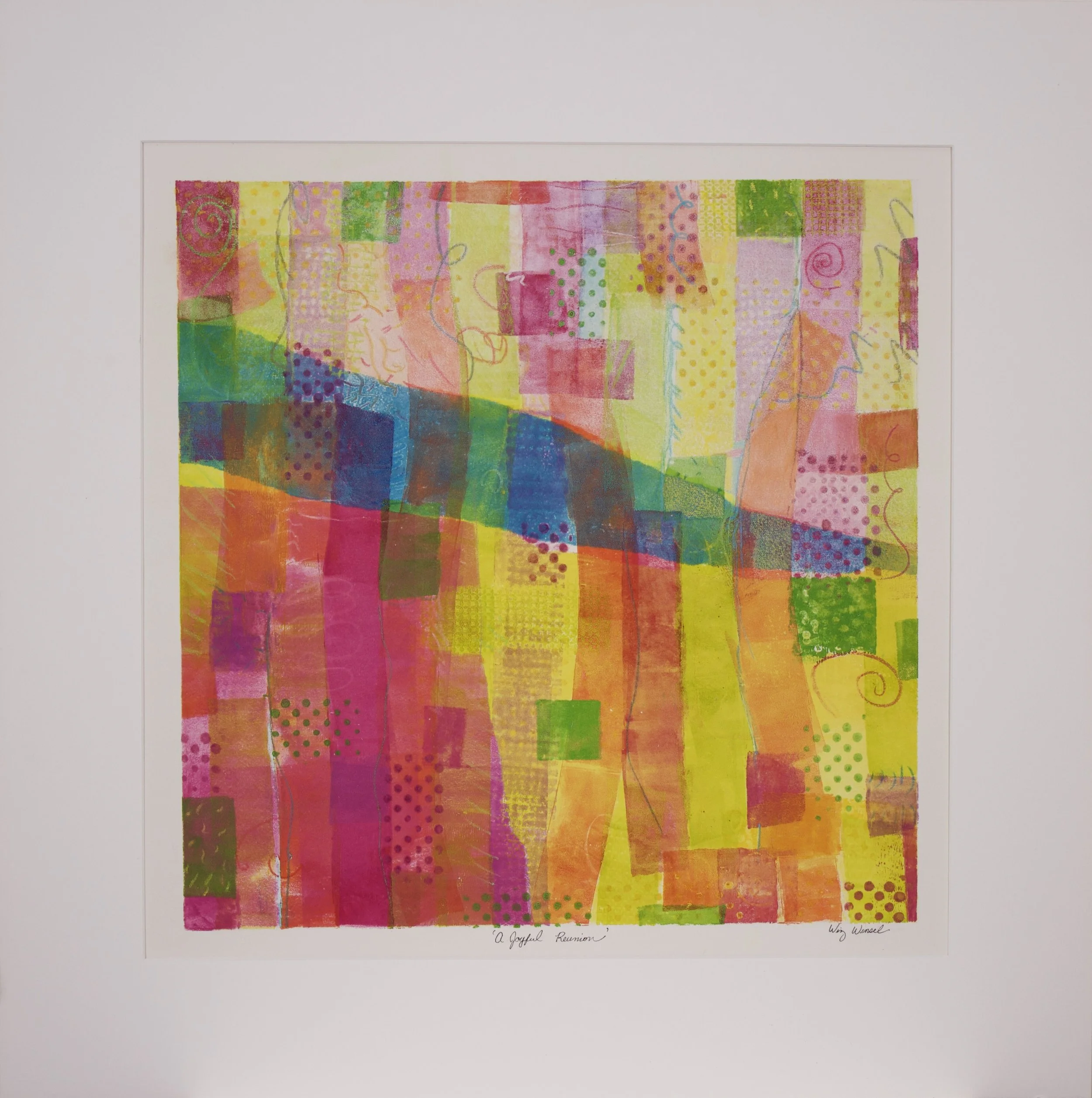 A JOYFUL REUNION: MONOTYPE PRINT, FRAMED  6.75 IN X 26.75 IN
