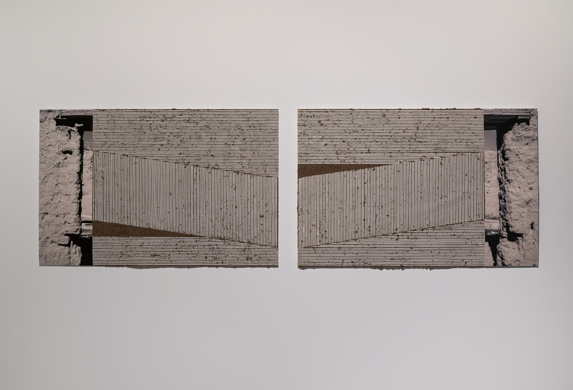   IAmYou/OrYouAreMe (diptych)&nbsp; 2018 Adobe mud, inkjet print on Hahnemühle paper, and graphite on paper 26 × 80&nbsp;inches 