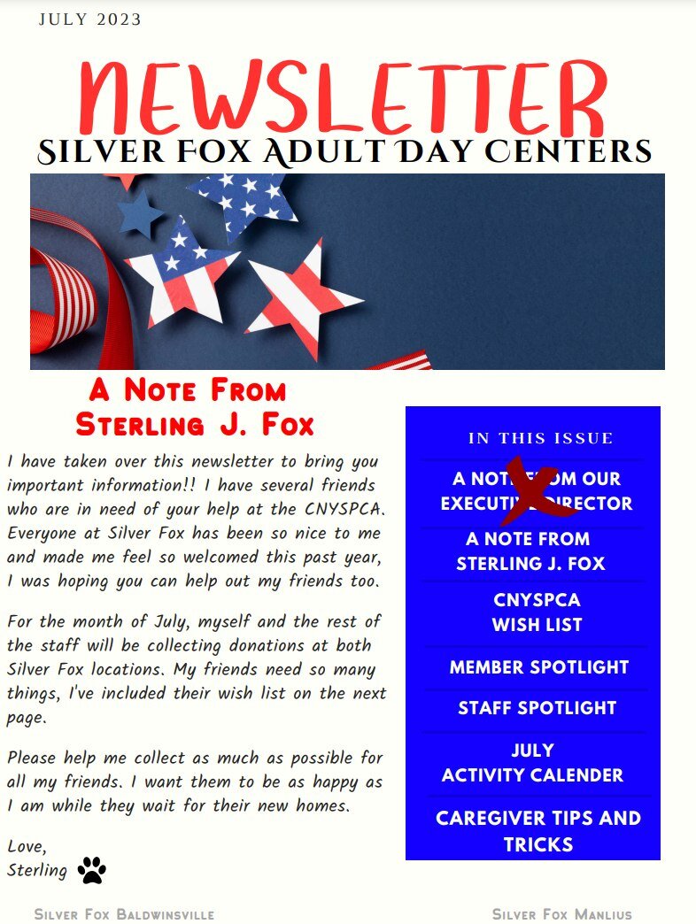 Can you believe it is already July? This month, Sterling takes over the Newsletter! Click on the link in our bio to check out the July edition! #silverfoxseniors
