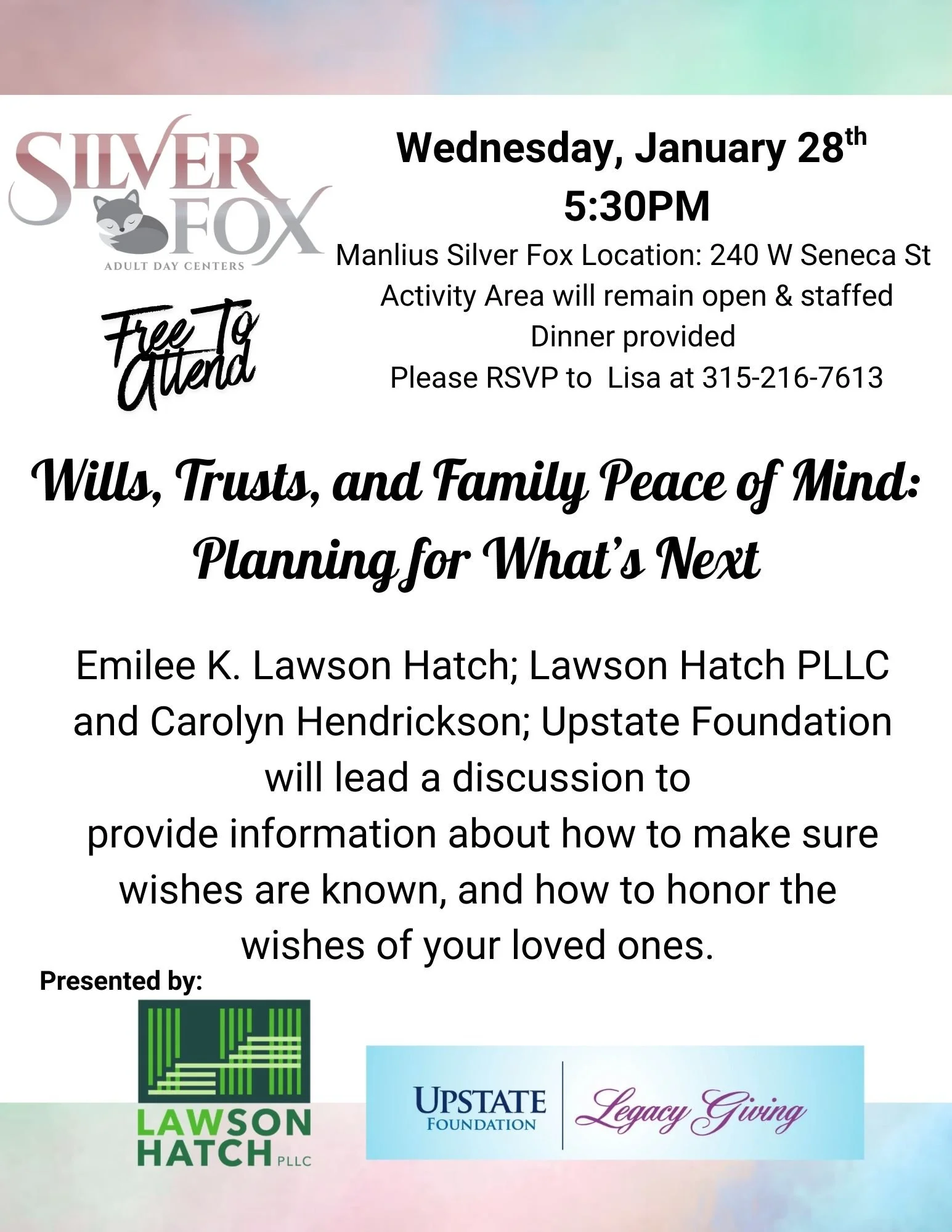 📘FREE Estate &amp; Legacy Planning Presentation

Planning ahead gives you peace of mind&mdash;and a voice in your future. Join us for a free, informative, and engaging presentation on estate and legacy planning.

Topics will include:
✔️ How to find,