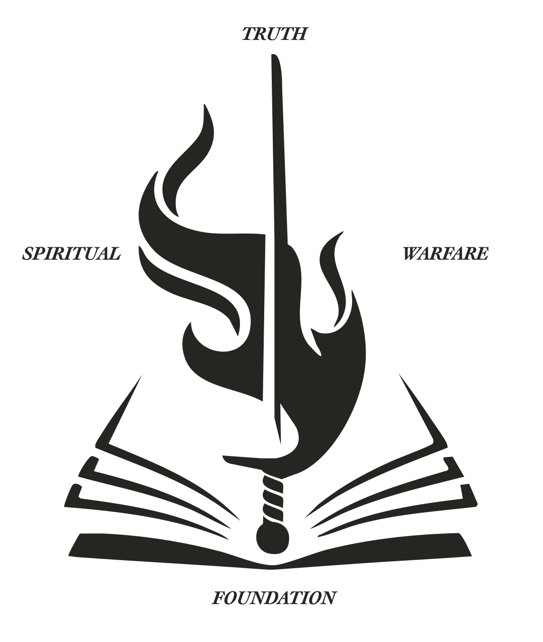 A black and white emblem with a book at the bottom, a sword in the middle, and a flame rising from the sword. The words 'Spiritual' on the left, 'Truth' at the top, 'Warfare' on the right, and 'Foundation' at the bottom surround the emblem.