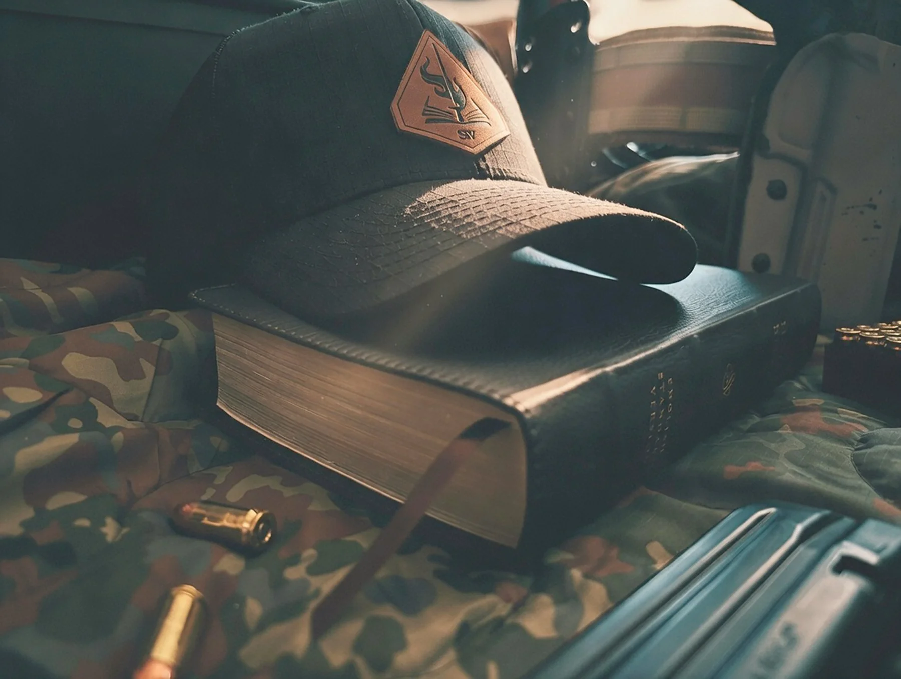A black baseball cap with a leather patch on the front, resting on a Bible, with ammunition shells nearby  on a camouflage-patterned fabric, with dramatic sunlight.