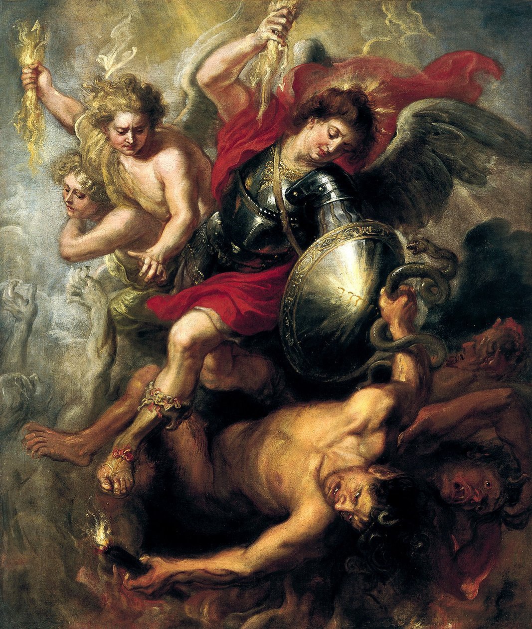 A dramatic Baroque painting depicting the warrior Archangel Michael, wearing armor and a red cape, fighting a fallen demon with a sword and shield. Two cherubs or angels assist from behind, one holding a fire torch.