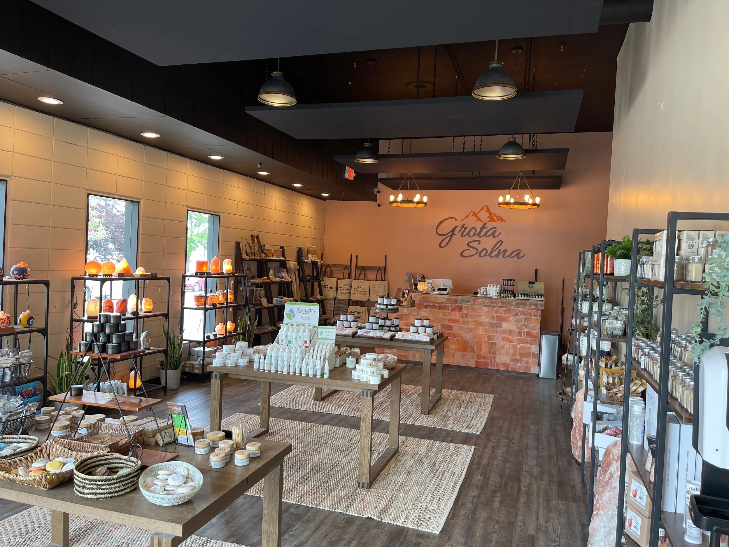 Wellness retail products displayed inside the salt cave