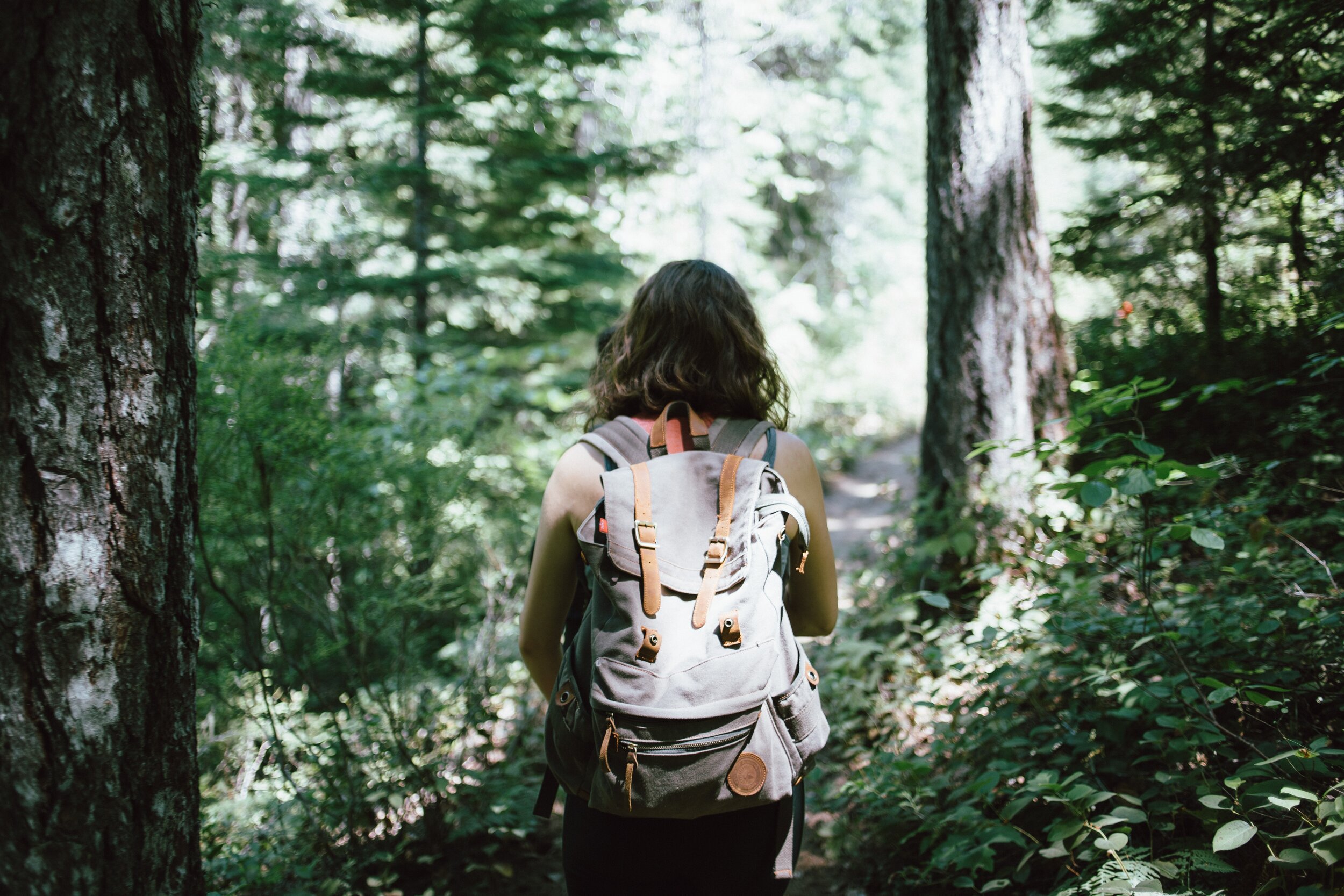 Woman with backpack on hiking in the woods