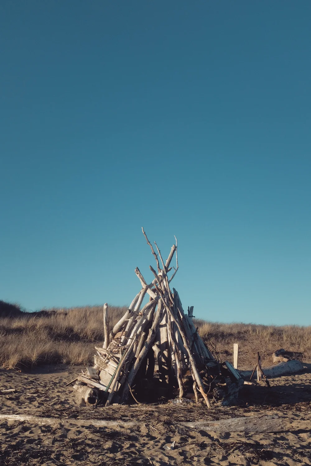 Stick teepee on Maine beach