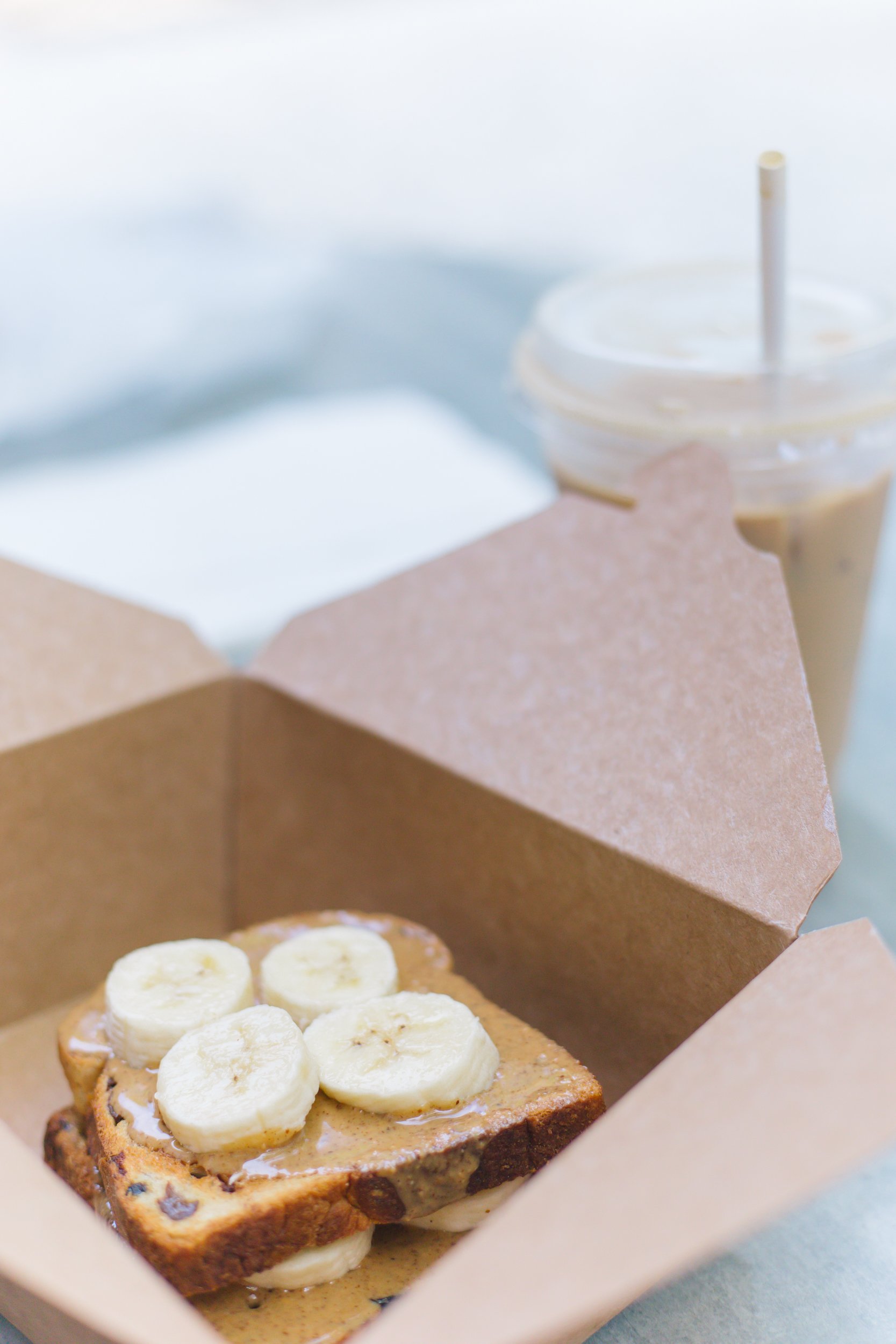 Almond butter toast and an iced latte for breakfast at Java Java