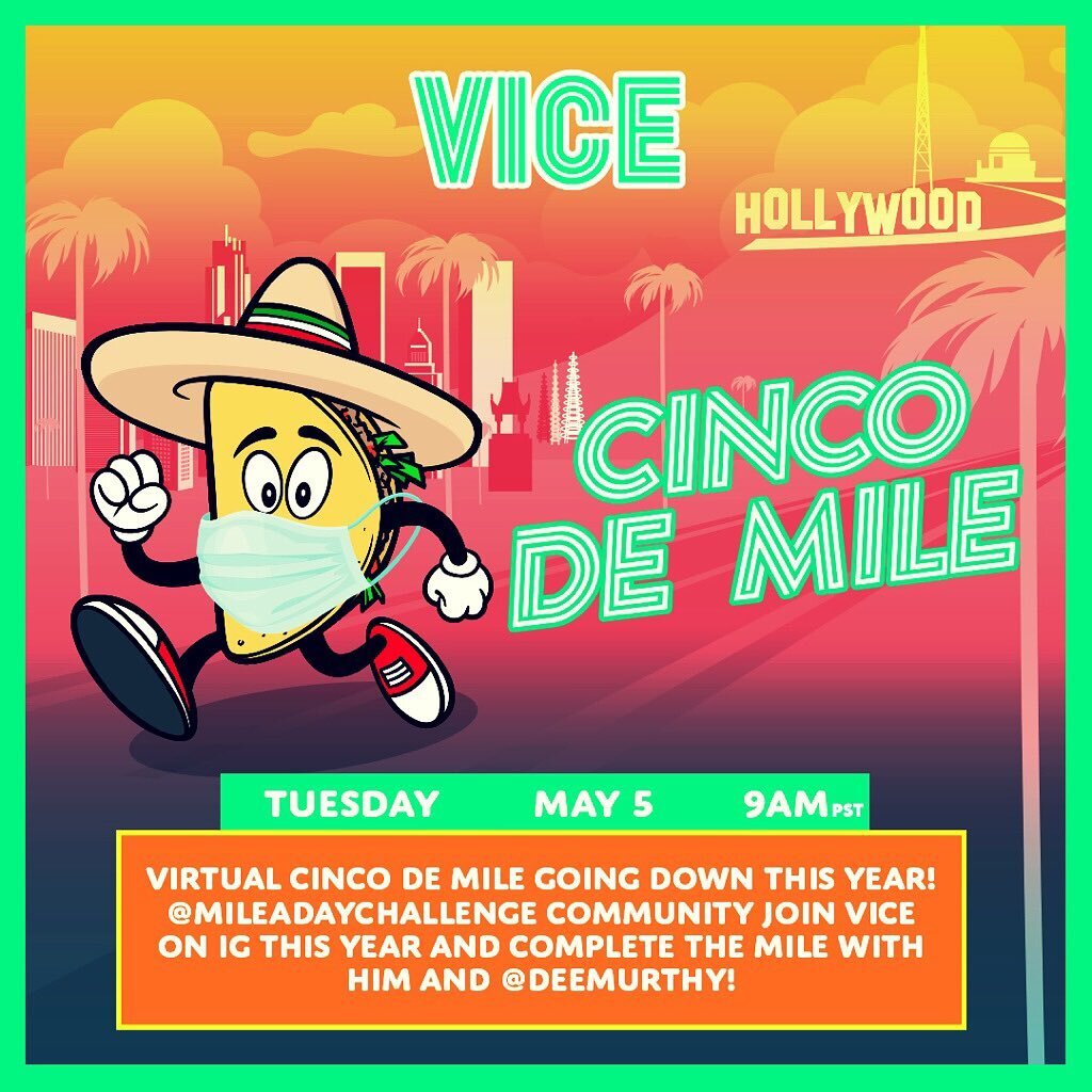 #CincoDeMile is happening virtually tomorrow at 9am pst! Lace up and join @deemurthy and I virtually as we complete the mile on IG Live and share a celebratory drink after to kick off Cinco De Mayo 🥃🏃🏃😅