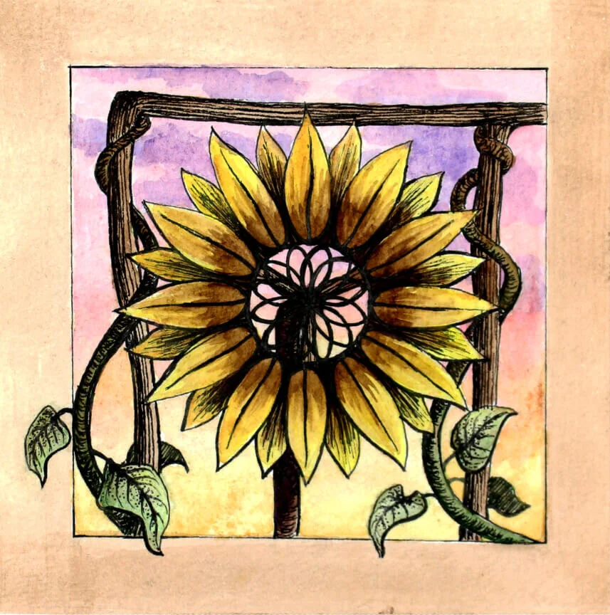 Sunflower Sighting, watercolor & ink