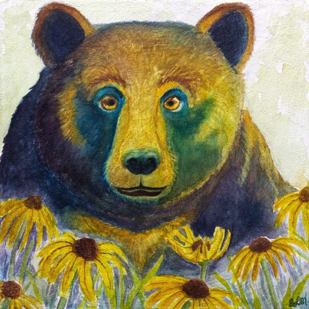 &ldquo;As the bear decided to stop and sniff the prairie flowers, the rising sun bathed him in color. Inspired by the black bears of the Appalachian mountains.&rdquo; Mixed media original painting now available for sale on my website (link in bio). 
