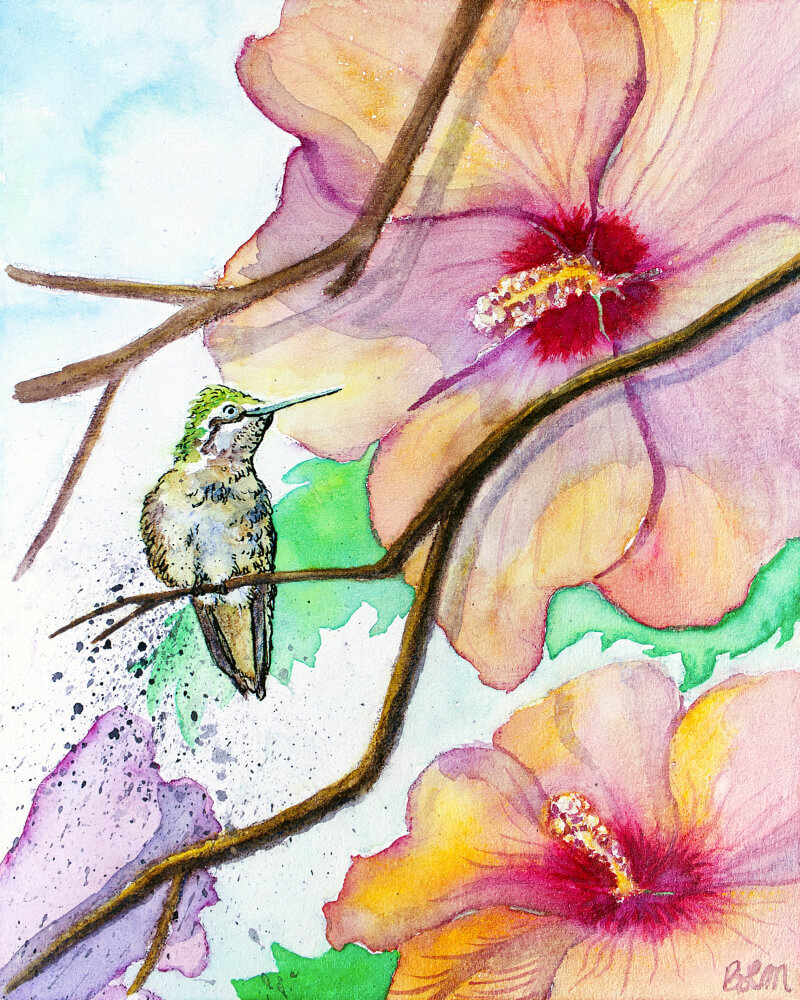 Hummingbird Hangout, mixed media watercolor 