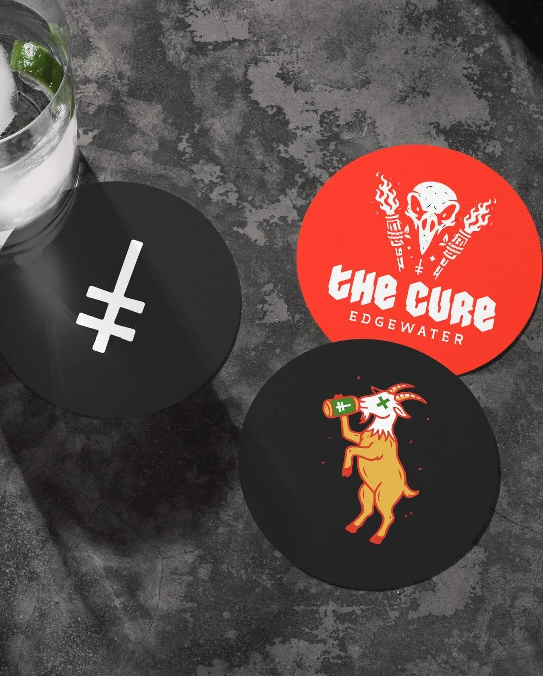A first look at The Cure Edgewater
A friendly satanic tiki bar built around devils, skulls, tiki mugs, flames and vintage satanic weirdness. Custom logos, icons and illustration designed to run across menus, merch, signage, socials and all the other 
