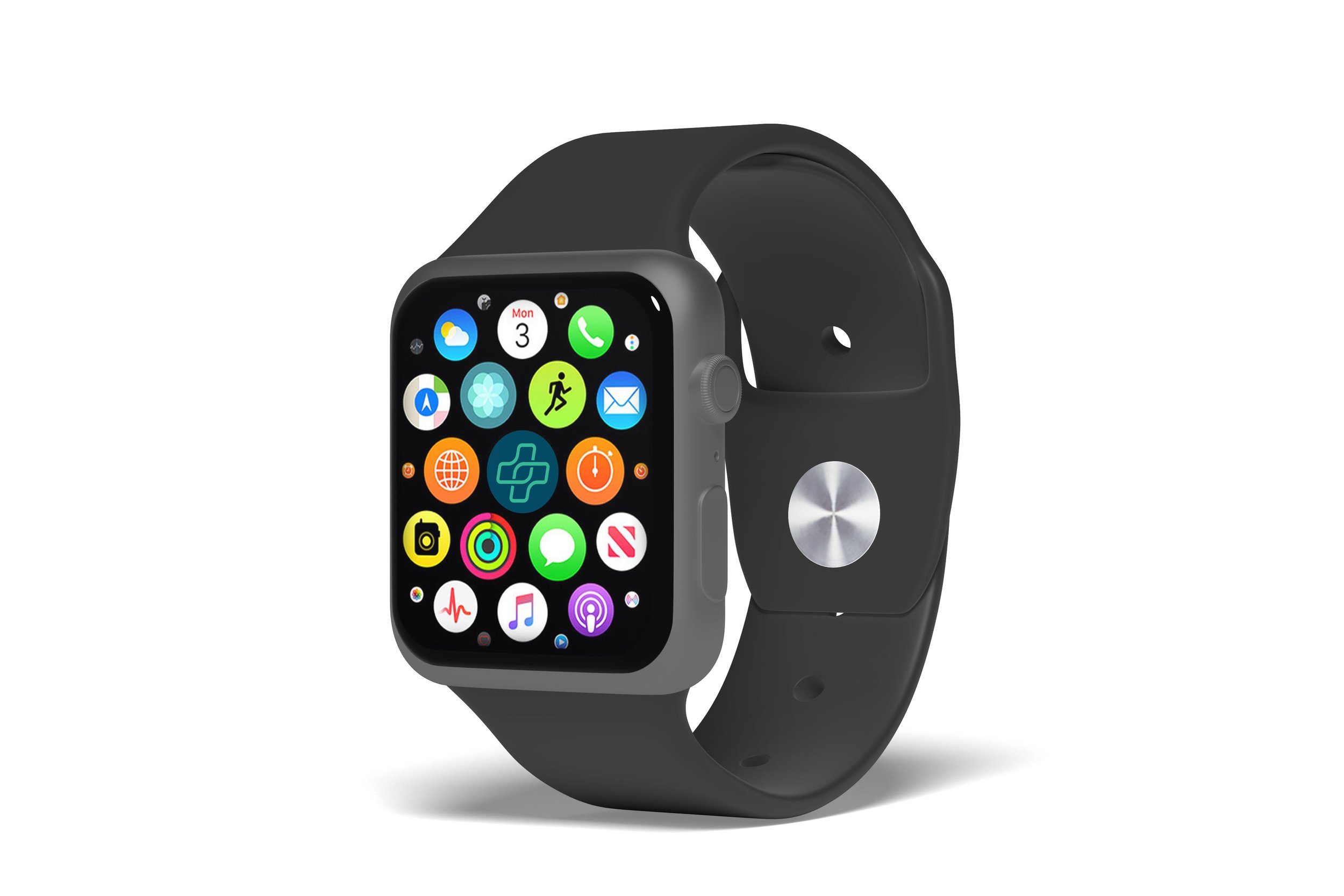 A black smartwatch with a square face displaying various colorful app icons on a white background.