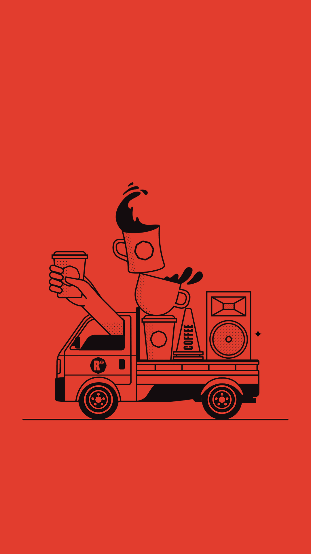 Illustration of a coffee stand on a small truck with cups and a speaker, featuring a character with a coffee mug for a head, set against a red background.