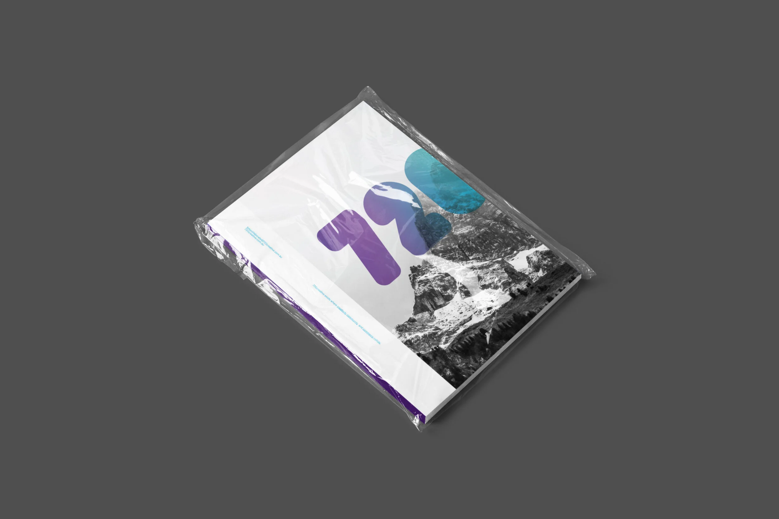 A plastic-wrapped magazine or catalog with a mountain landscape and large purple and blue text on the cover, placed on a gray surface.