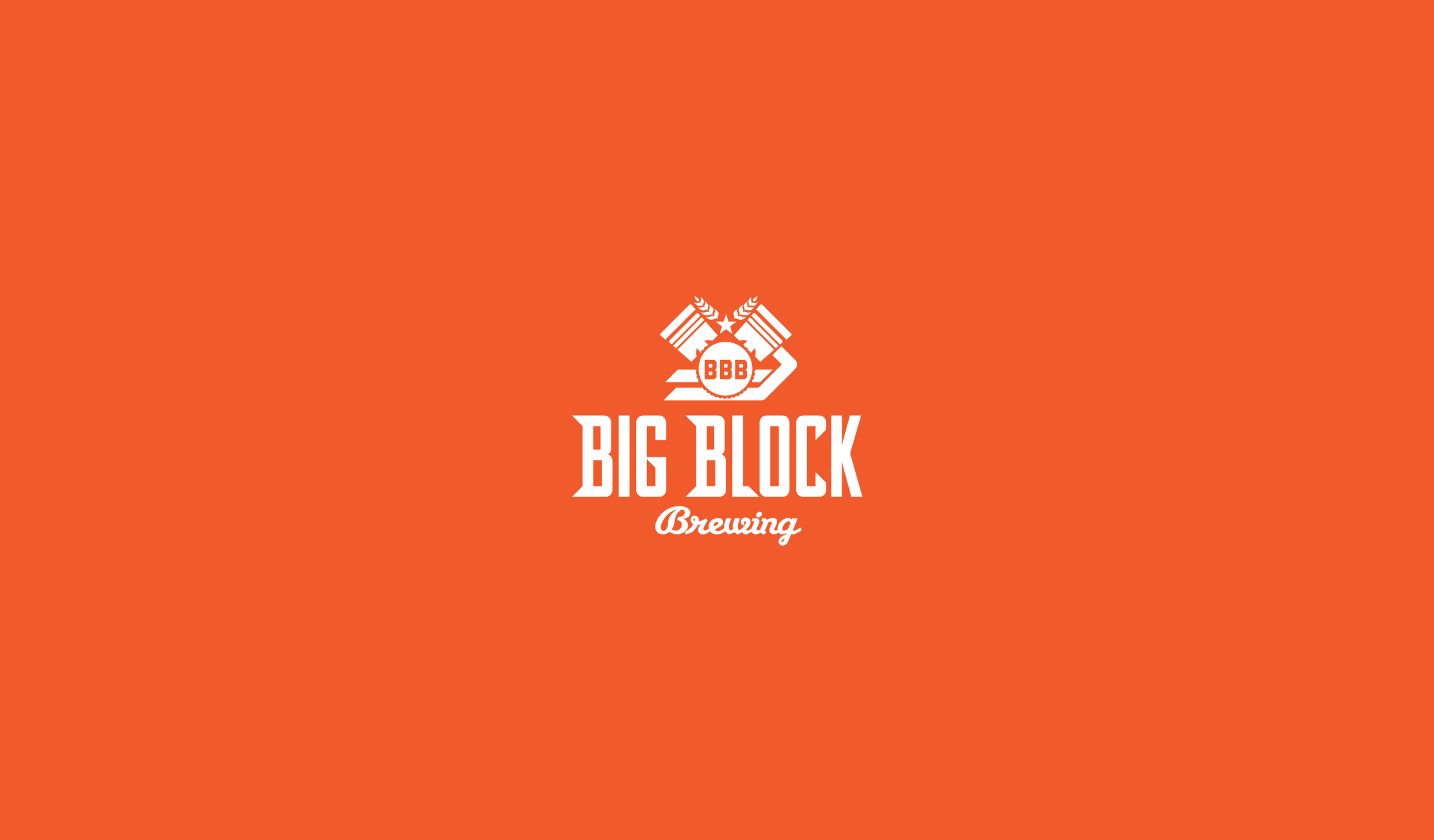 Orange background with white logo of Big Block Brewing, featuring two crossed wheat stalks, a star, and text 'BBB' inside a circle, along with the words 'Big Block Brewing' written beneath.