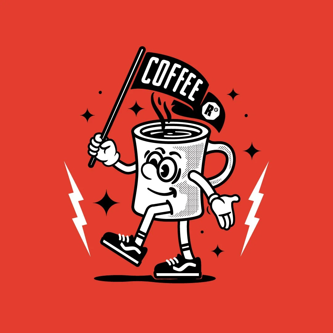 Animated illustration of a coffee mug with a smiling face, wearing sneakers, holding a flag that says "Coffee" with steam rising from the coffee inside, surrounded by stars and lightning bolts on a red background.