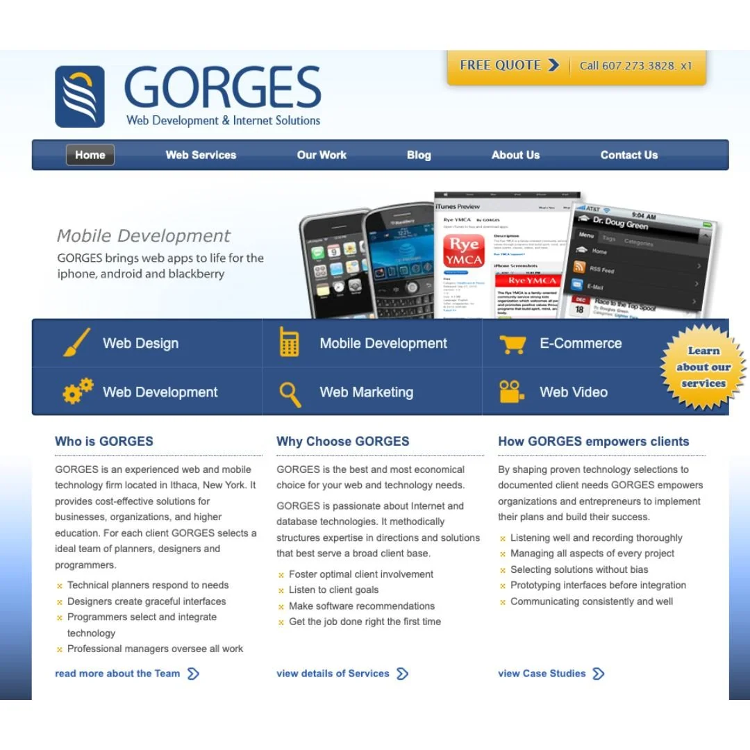 Web development company's homepage featuring services like web design, mobile development, and e-commerce, with images of smartphones and a yellow call-to-action button.