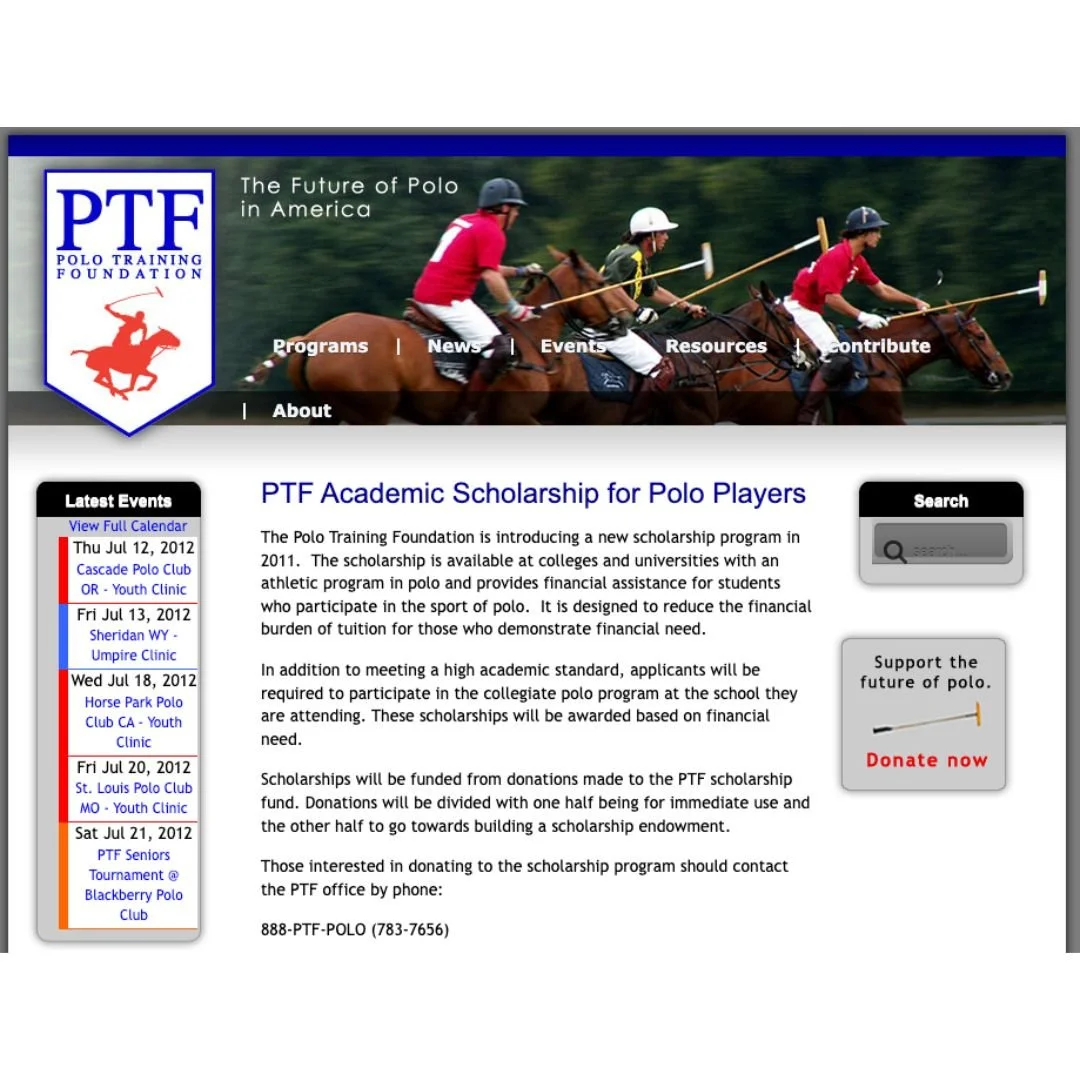 Homepage of the Polo Training Foundation website featuring a header with polo players riding horses, and main content about a scholarship program for polo players, with event dates listed on the left side.