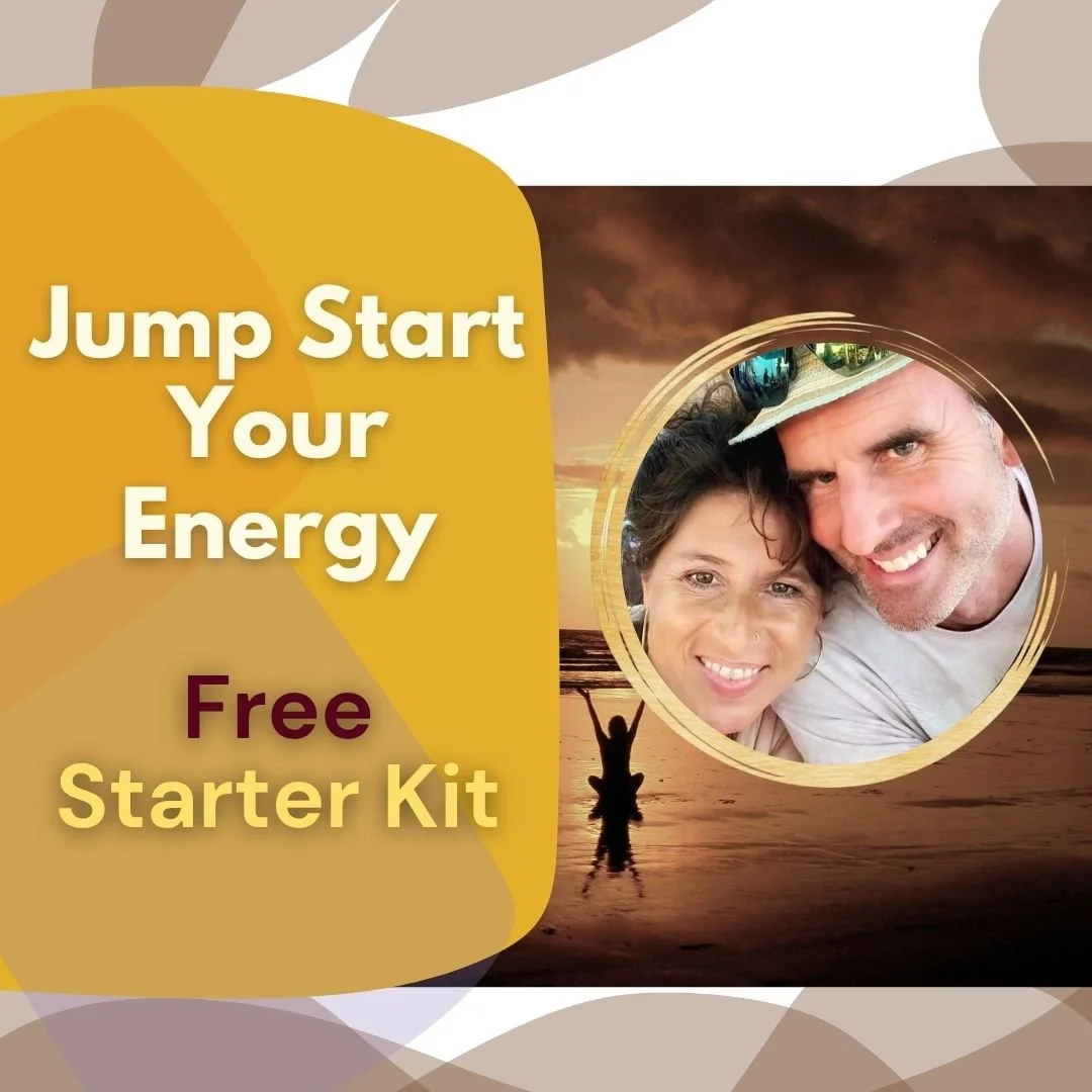 Promotional graphic with a sunset background showing a woman with arms raised, a smiling couple in a circular frame, and text that reads "Jump Start Your Energy Free Starter Kit" in bold letters.