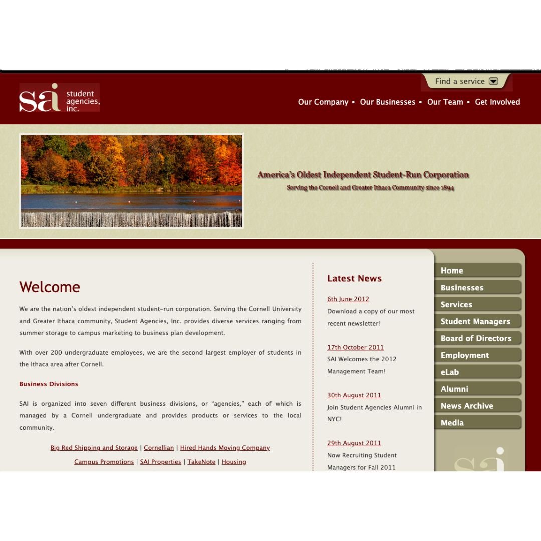 Screenshot of a website for Student Agencies, Inc., with a header featuring an autumn landscape and navigation menu, and a welcome message describing the organization, services, and news updates.