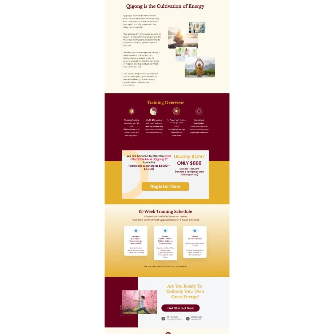 An infographic about Qigong, including sections on energy cultivation, training overview, discount training offer, 12-week schedule, and a call to action for energy embodiment.
