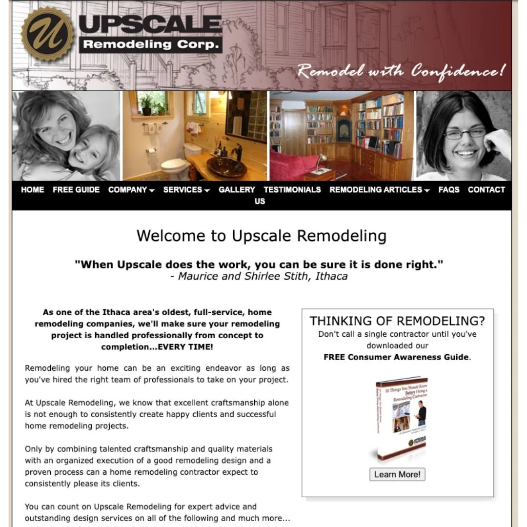 Screenshot of the Upscale Remodeling website homepage, featuring images of home interiors, smiling people, and a call to action for a free consumer awareness guide.