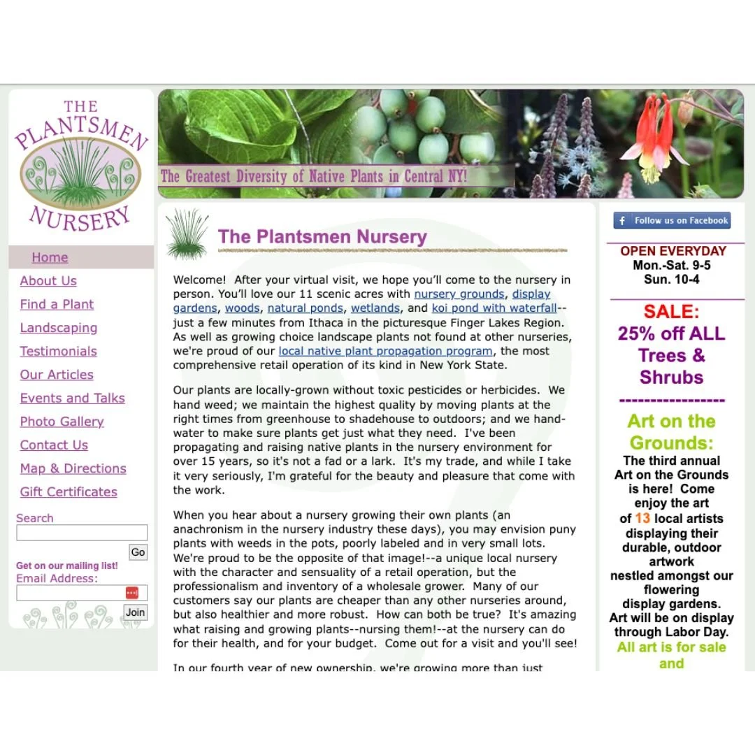 Screenshot of a webpage for The Plantsmen Nursery, showcasing images of various plants, their sales offer, art exhibit, and details about the nursery's location and hours.