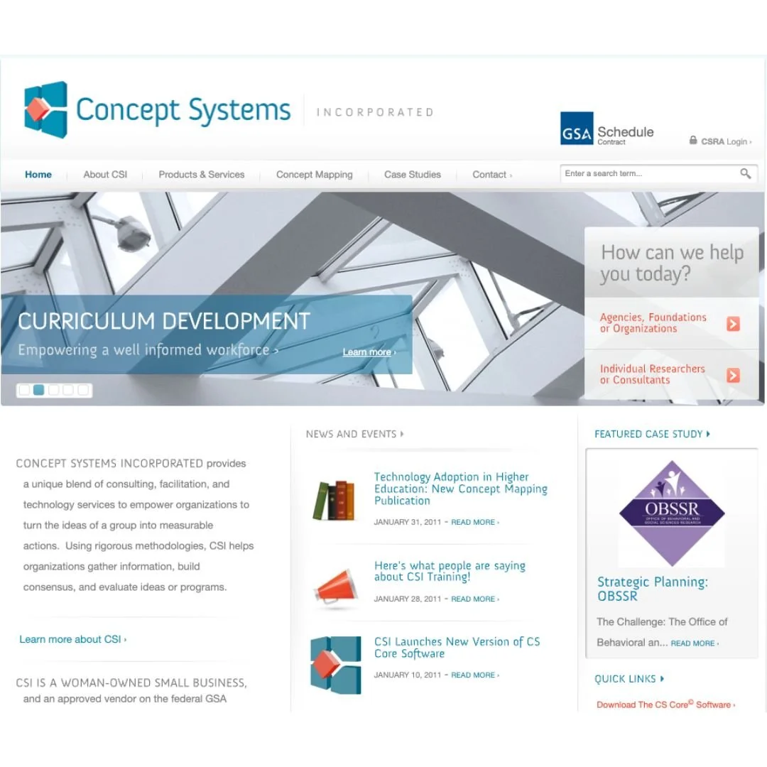 Screenshot of the Concept Systems Incorporated website homepage featuring menu options, a slideshow on curriculum development, and news updates.