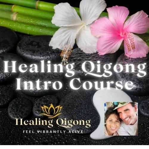 A promotional image for a Healing Qigong Intro Course featuring pink and white flowers, black stones, a photo of a smiling couple, and the course title in bold white text.