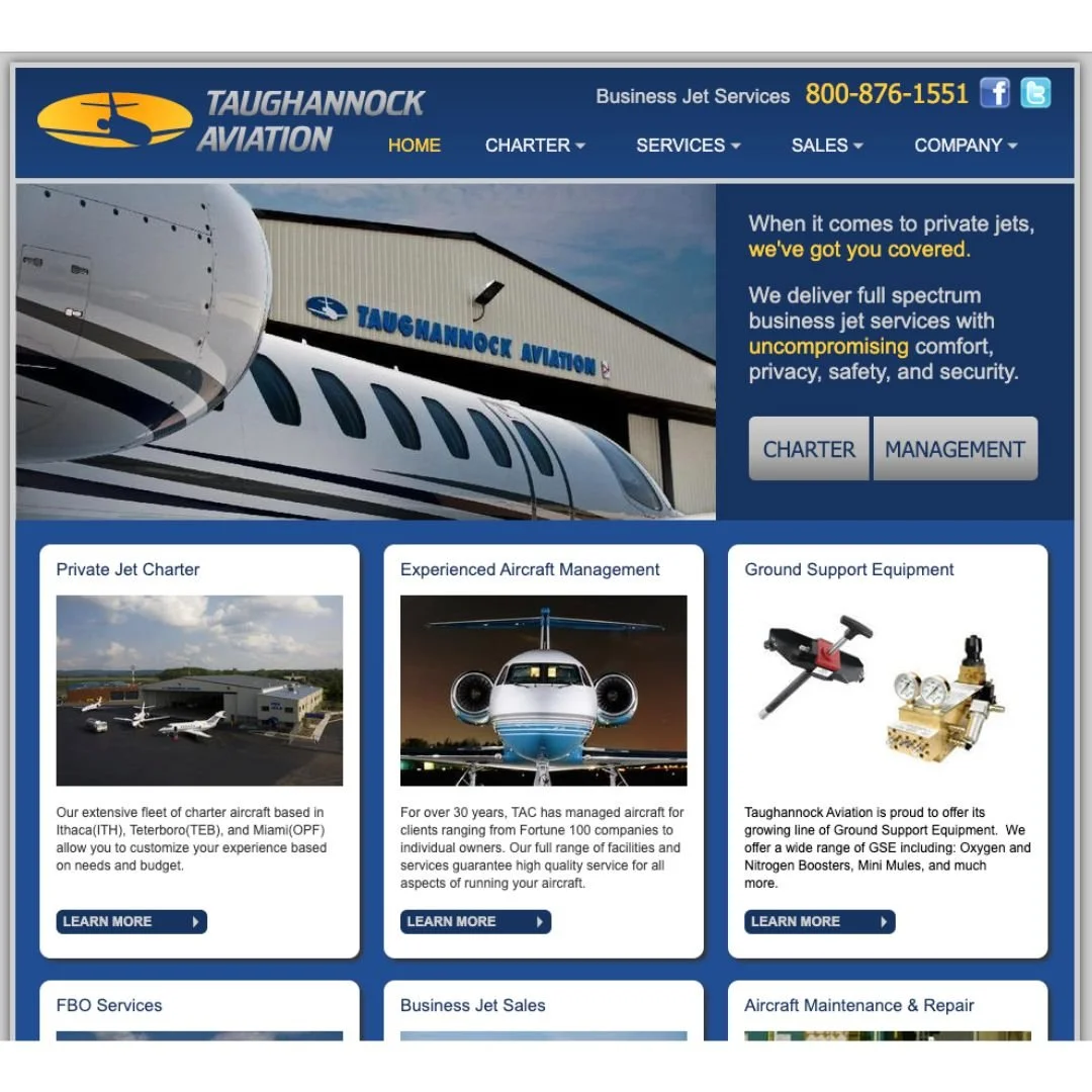 Screenshot of Taughannock Aviation's website homepage displaying a private jet outside their hangar, with sections for private jet charter, aircraft management, ground support equipment, and other aviation services.