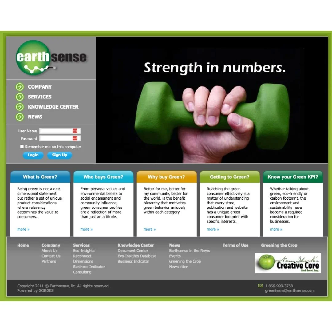 Website for Earthsense with a logo, login section, navigation links, and an image of a hand holding a green dumbbell with the text 'Strength in numbers.'