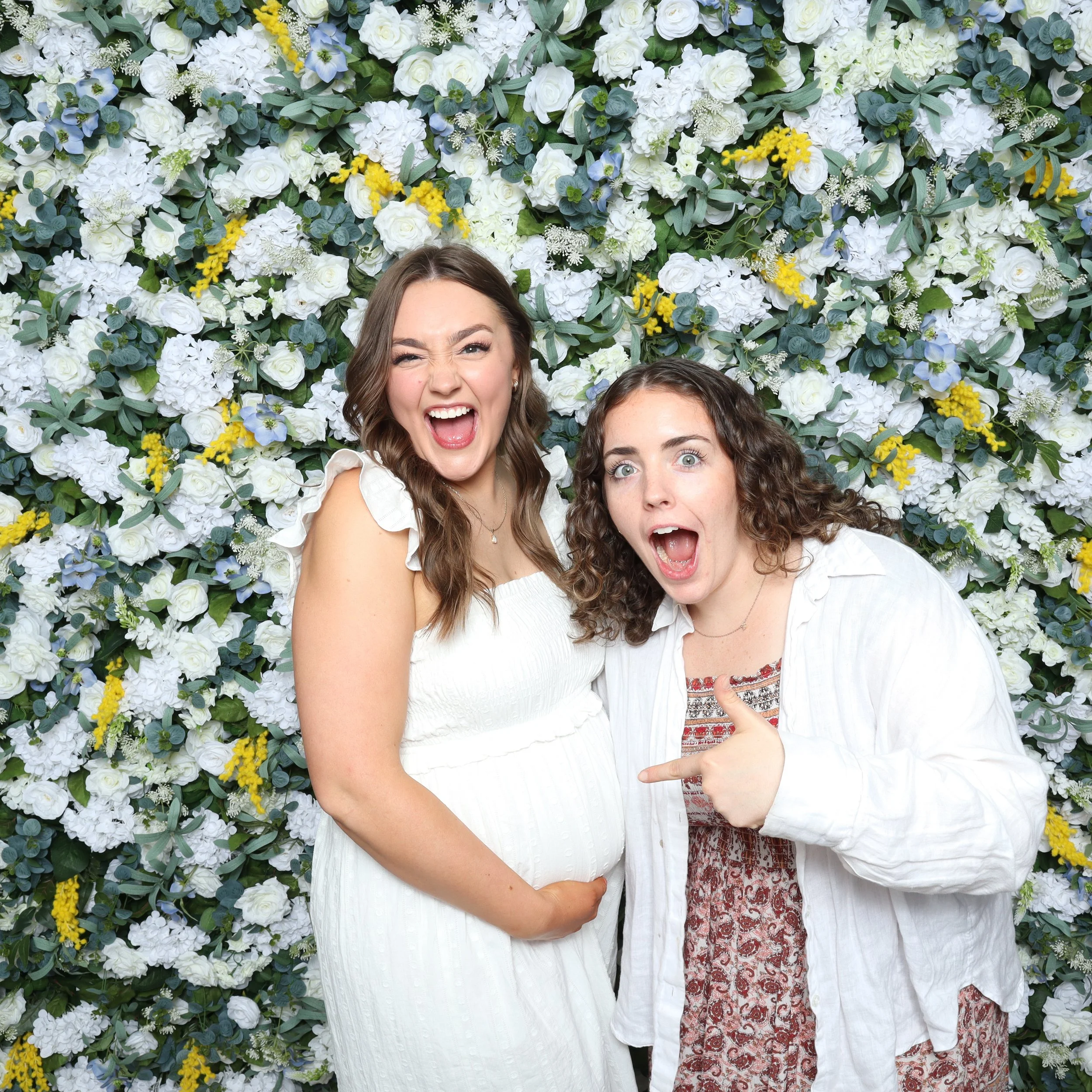 5D 'Alice' white, yellow, and blue floral flower wall backdrop at an Oregon baby shower.