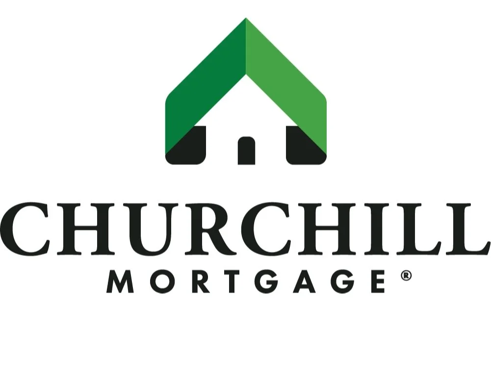 Logo for Churchill Mortgage featuring a house icon with green and black colors above the company name.