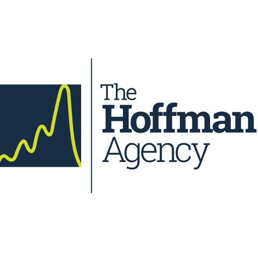 Logo of The Hoffman Agency featuring a dark blue square with a green line graph and the company name in dark blue text.