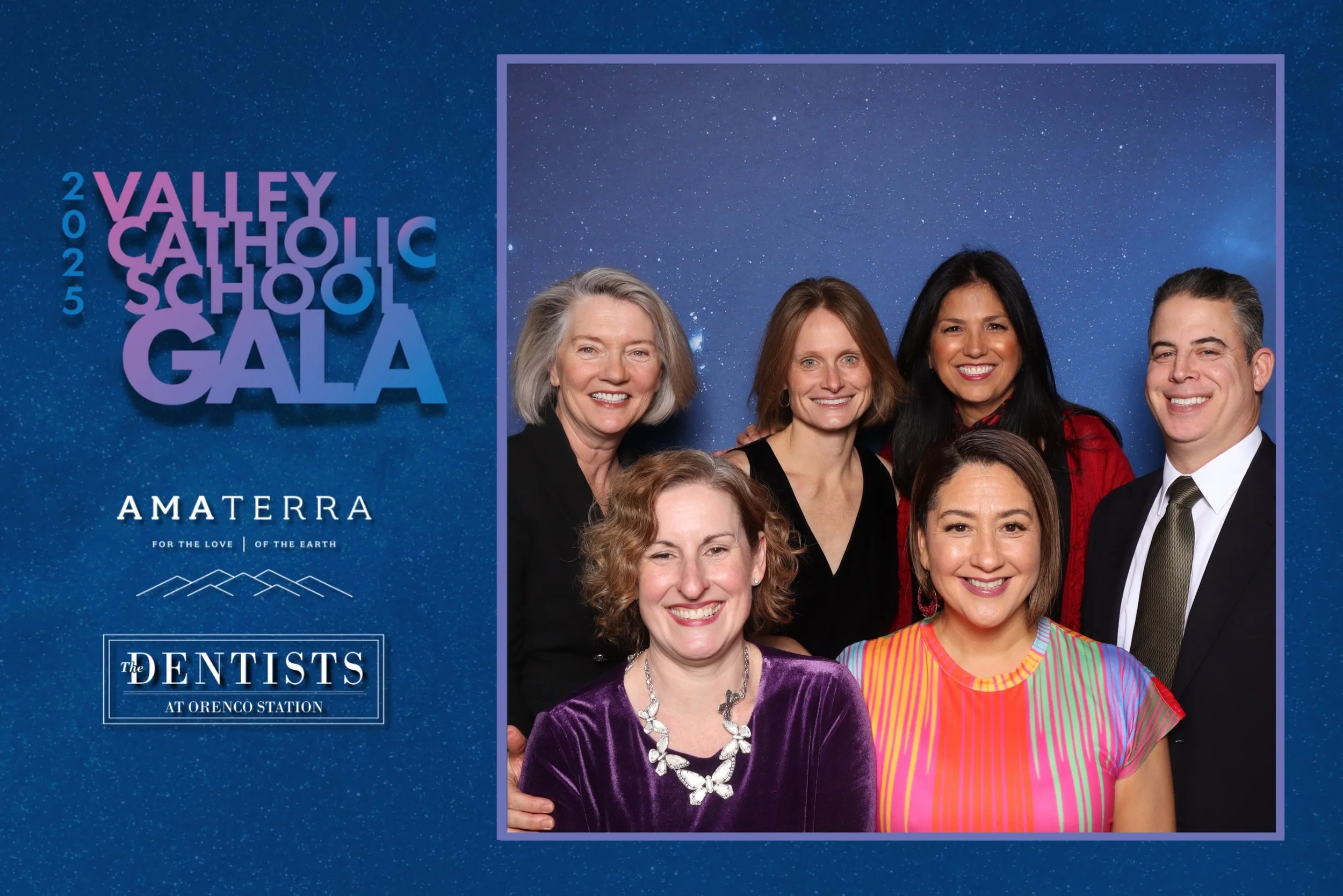 The SSMO Gala fundraising team for VCS smiles in a photobooth print showing the sponsors' logos to the left under the event name. They celebrate another annual event at NW Events and Environments in Hillsboro, OR.