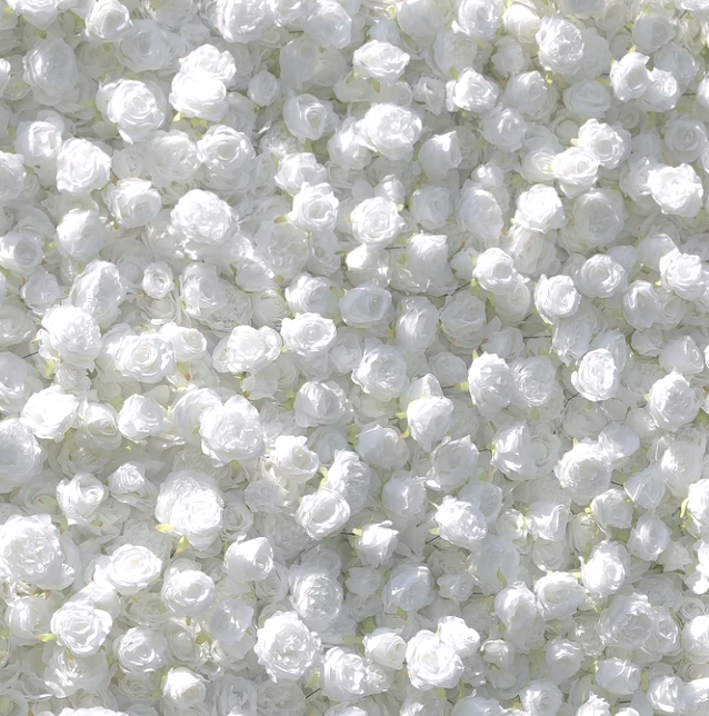 NW Rose Events 'White Wedding' flower wall backdrop available for rent in A greenery and white, blue, and yellow floral 5D flower wall backdrop for rent in Beaverton, Hillsboro, Lake Oswego, and Portland, Oregon.