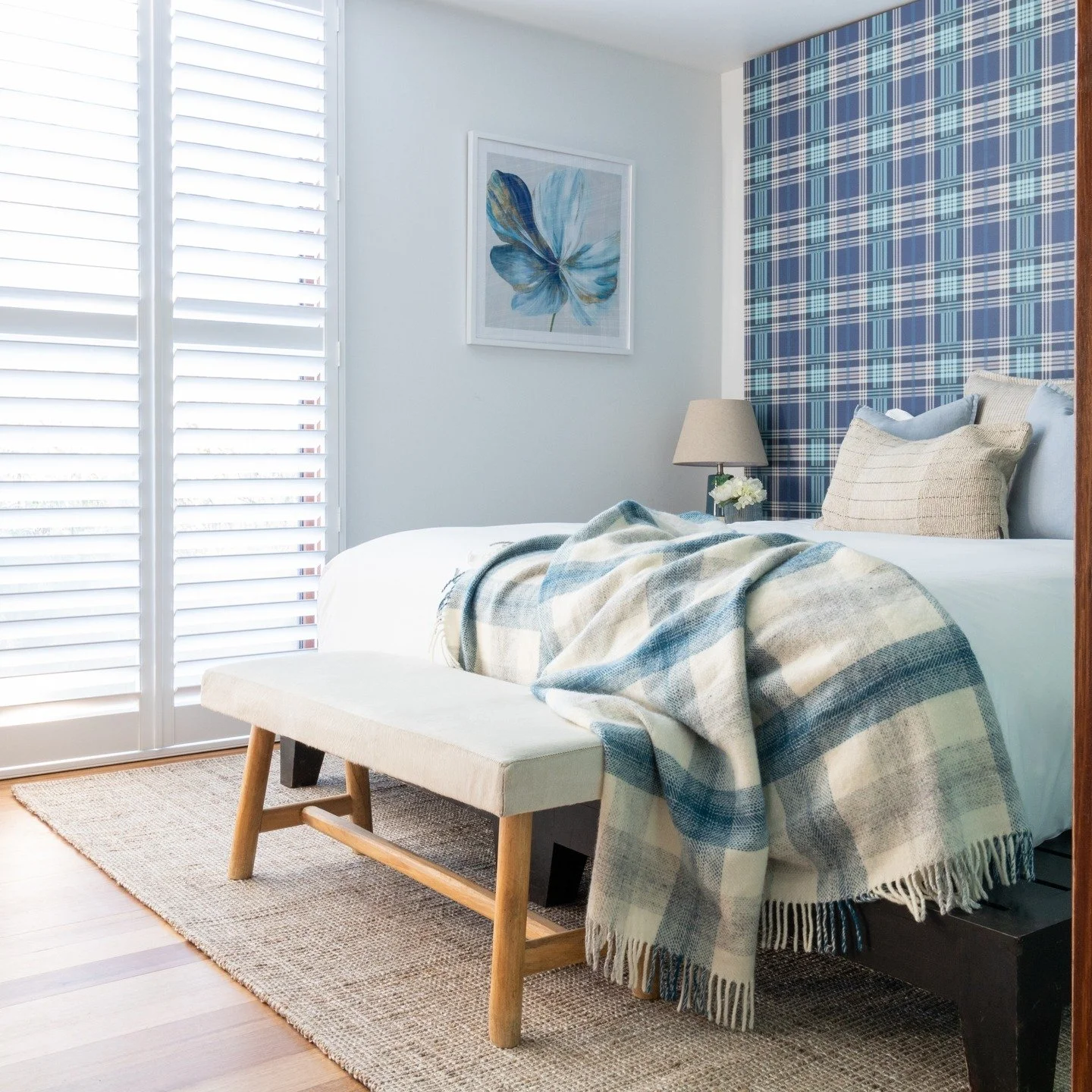 Transforming this spa retreat was all about creating a space that felt calm, fresh and restorative. Lots more pics to follow, but for now.....swipe to see the before - a darker space with a heavy wood panel. 
The custom plaid pattern and colour pale