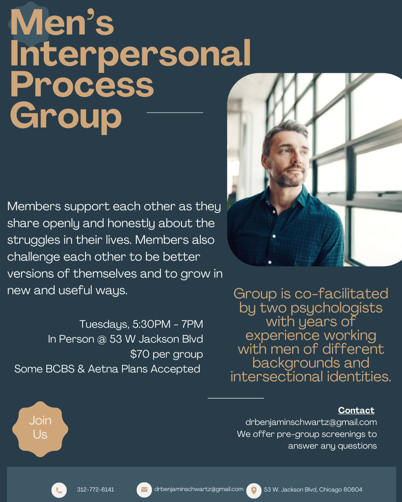 An informational flyer about a men's interpersonal process group. The flyer features a man looking out a window, with text describing the group's purpose, meeting details, acceptance of BCBS & Aetna plans, contact information, and a call to join us i