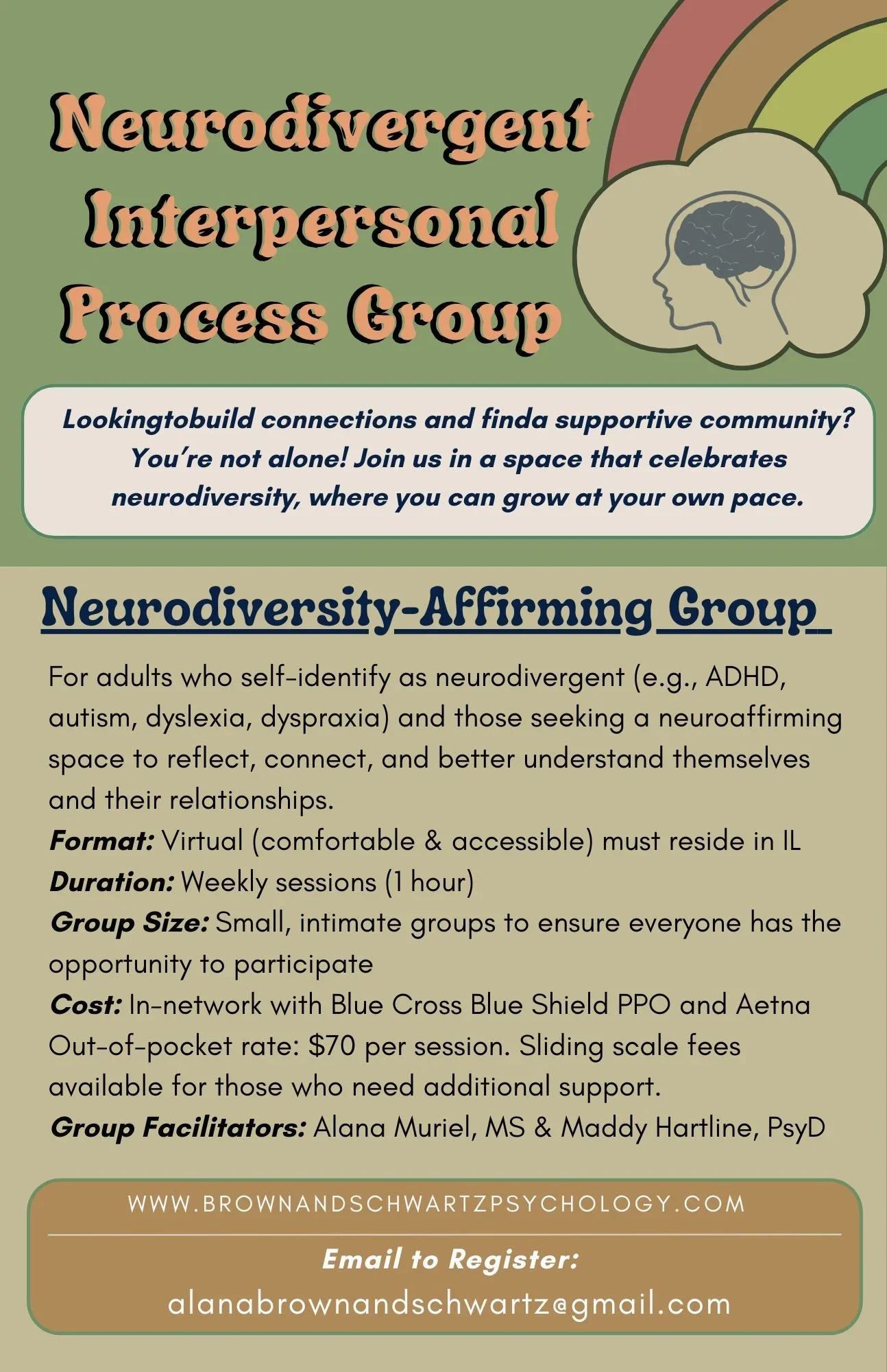 Poster for a Neurodiversity-Affirming Group, featuring a rainbow and a brain inside a cloud, with introductory and registration information.