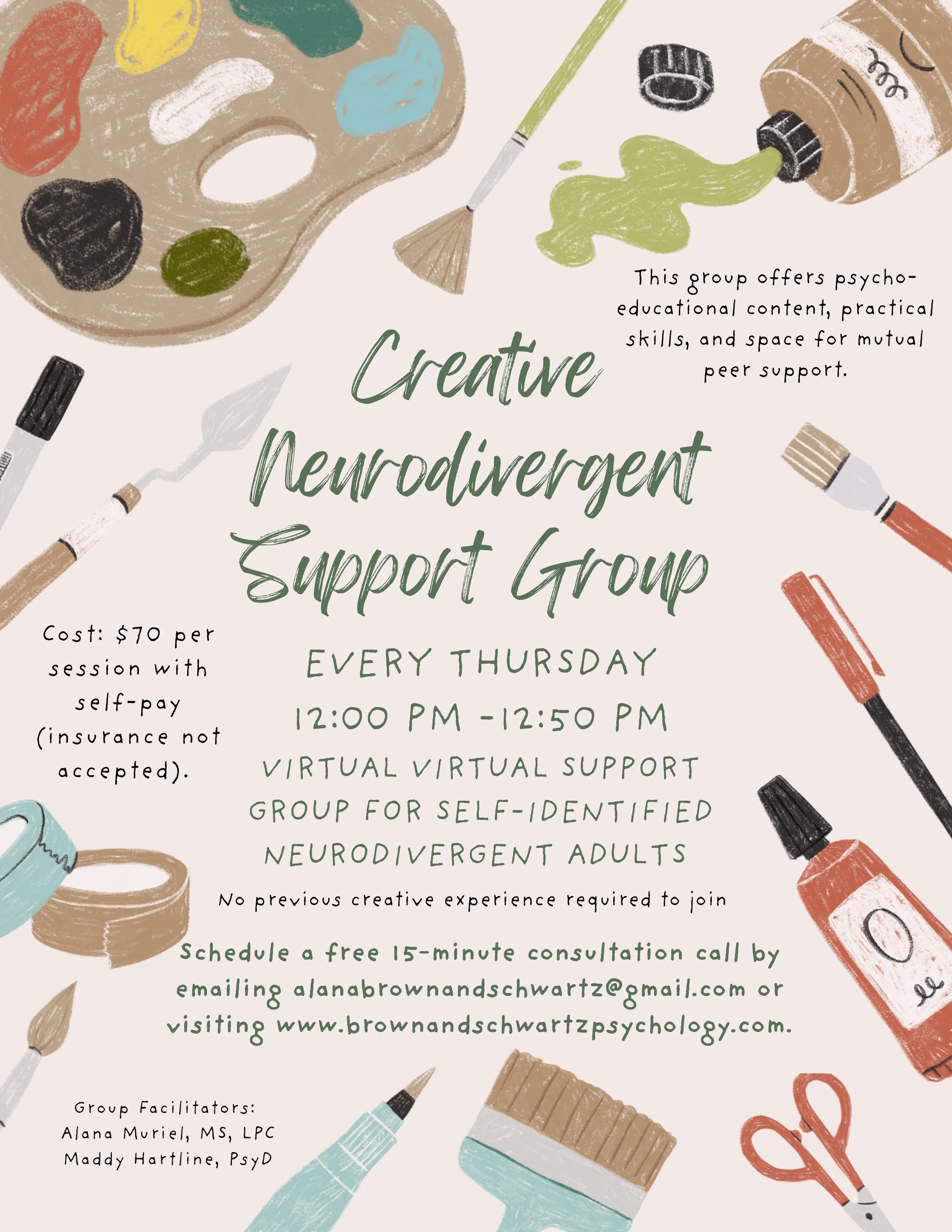 An artistic, illustrated flyer promoting a creative neurodivergent support group. Features drawings of paint supplies, brushes, scissors, and bottles of paint. Text describes the group as offering psychoeducational content, practical skills, and peer