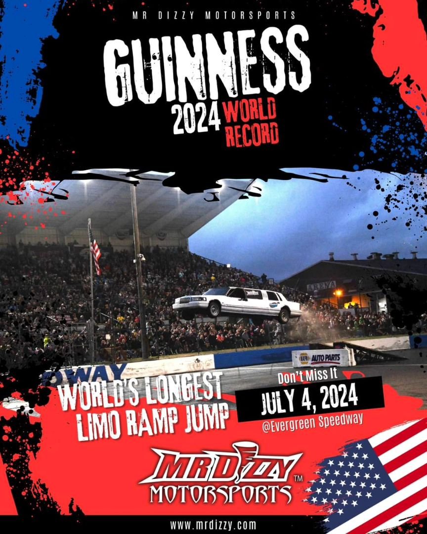 Get ready to witness history in the making this 4th of July! 🚀 

Join us at Evergreen Speedway for an unforgettable spectacle as #MrDizzy attempts to smash a Guinness World Record with an epic Limo Ramp Jump! 🏁

Are you brave enough to watch? 

#Di
