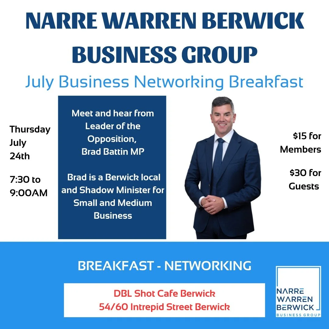 Last chance to book, bookings close today at 5pm. Join us this coming Thursday for our first Business Networking Breakfast. What does the event include:

🤝 Opportunity to meet and hear from Opposition Leader Brad Battin MP
📣 Share your elevator pit