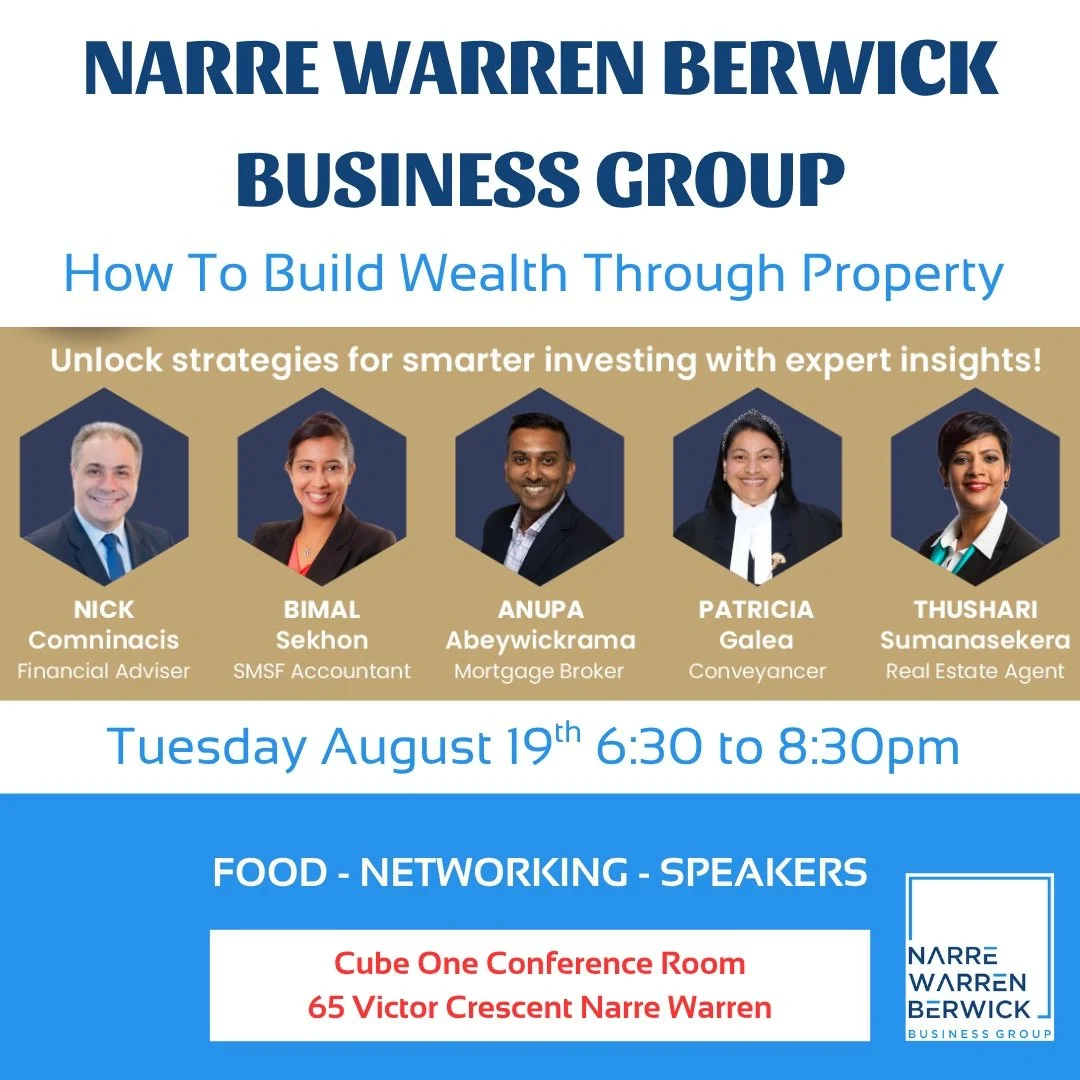 Join us for our August Networking Event! Hear from five speakers on 'How To Build Wealth Through Property' plus an opportunity to network. For further details and to book please visit http://nwbbg-august-2025.eventbrite.com.au.