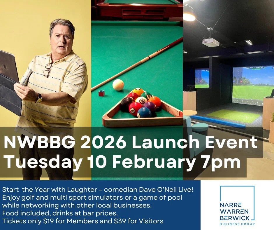 Narre Warren Berwick Business Group 2026 Launch Event

Our 2026 launch event is on next week. Limited tickets are still available at @ https://nwbbg-february-2026.eventbrite.com.au/. 

Join us for a night of fun, food, games and laughter featuring Au