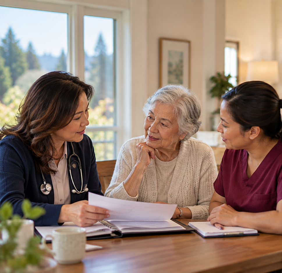 Nurse, caregiver, and senior reviewing a care plan