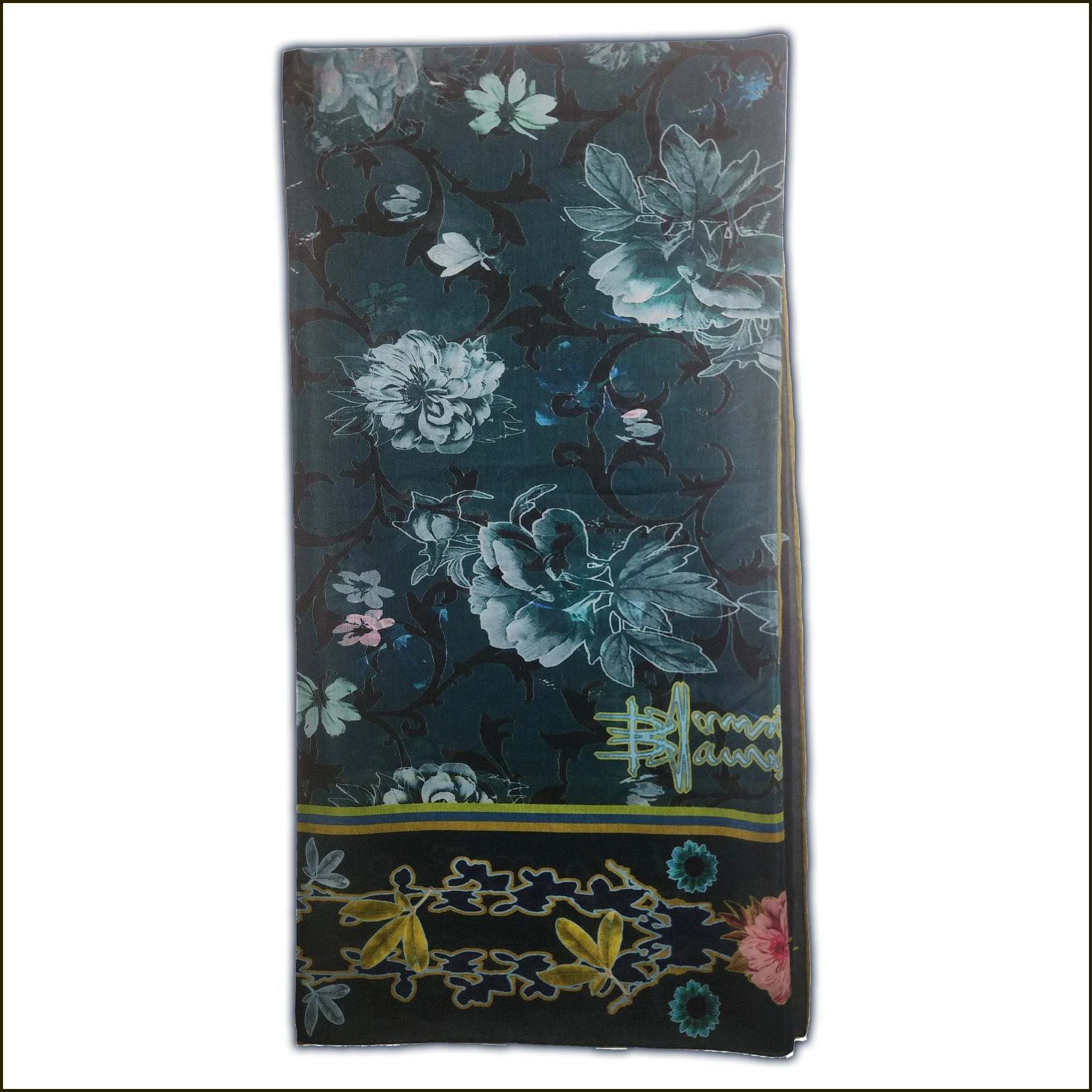 WEBSITE-Floral Manuscript - Large Scarf - Peacock Blue-Pink-gold.jpg