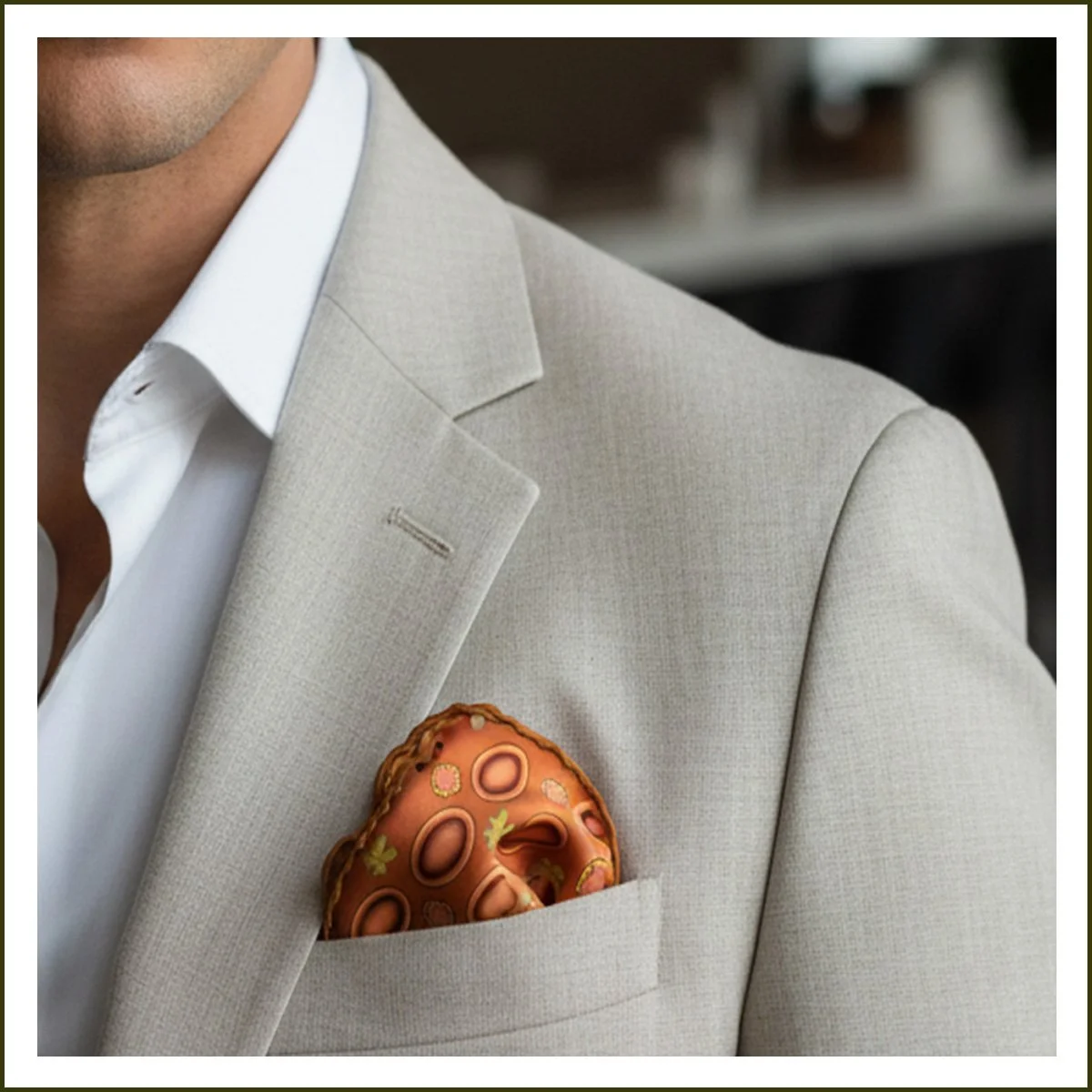 A colorful square pattern pocket square or neck scarf with orange, red, gold designs featuringflorals, circles, graphic.