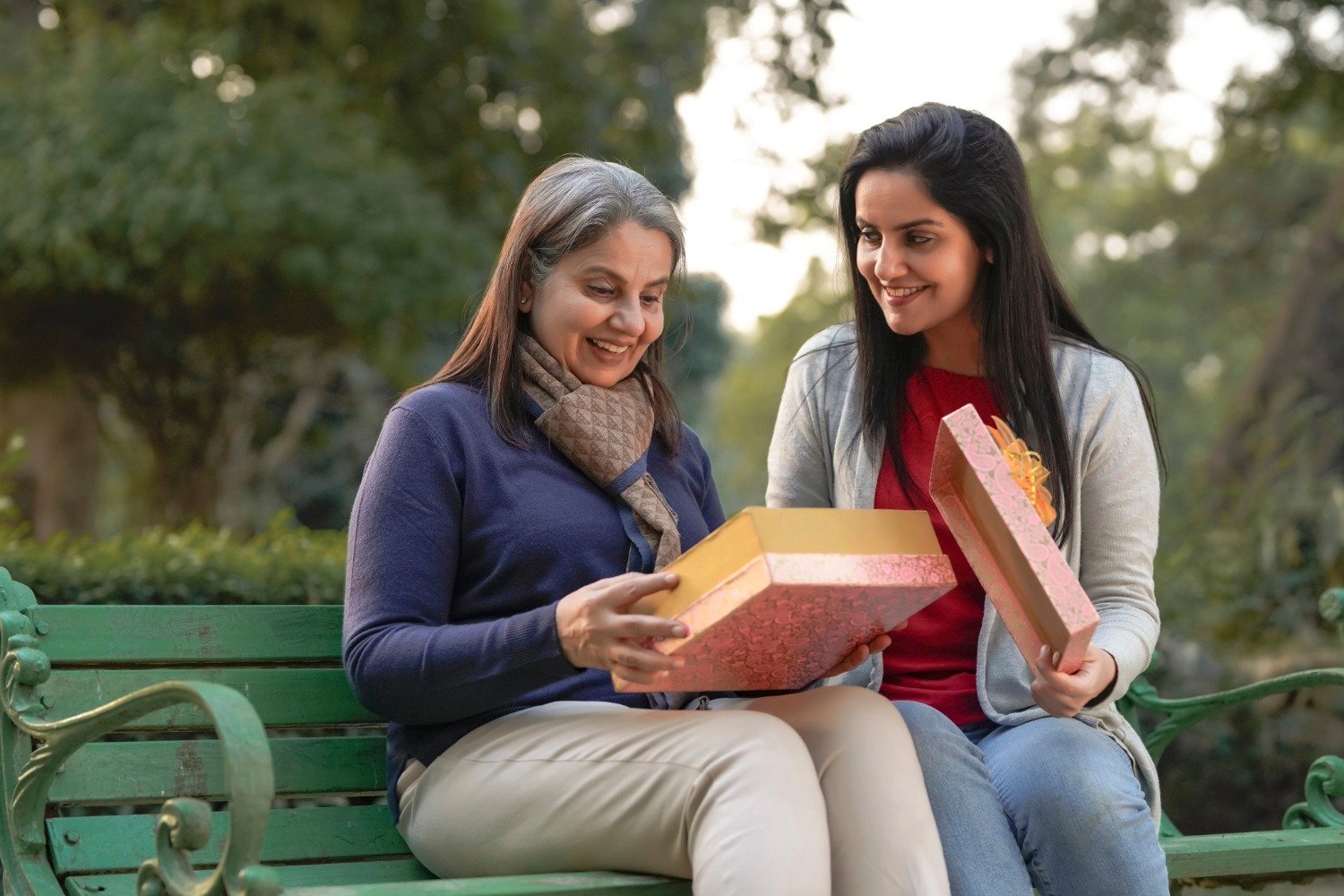 Happy mother receiving a silk scarf present